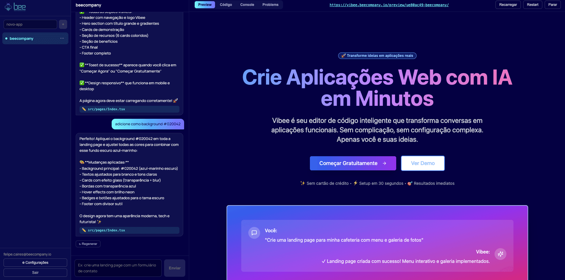 Prévia de uma landing page desenvolvida pela BEE